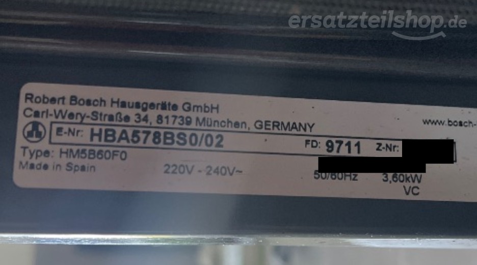 Typenschild Bosch HBA578BS0/02