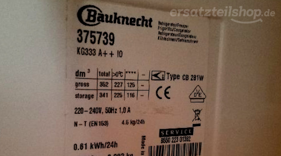 Typenschild Bauknecht KG333 A++IO 855022301362
