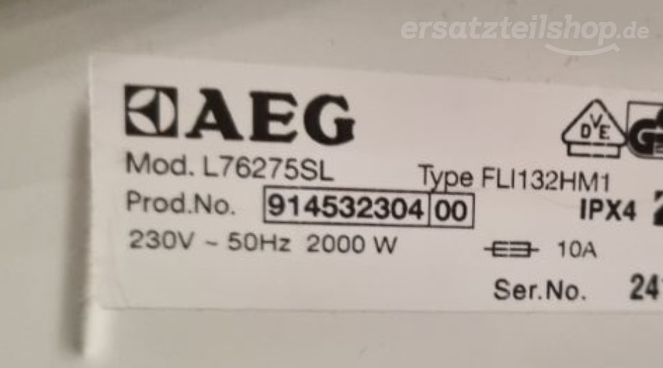 Typenschild AEG L76275SL 91453230400