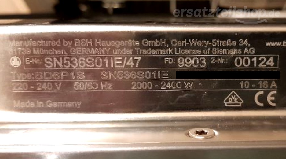 Typenschild Siemens SN536S01IE/47