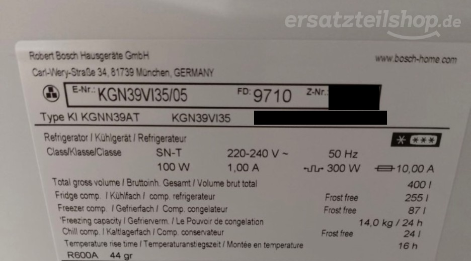 Typenschild Bosch KGN39VI35/05