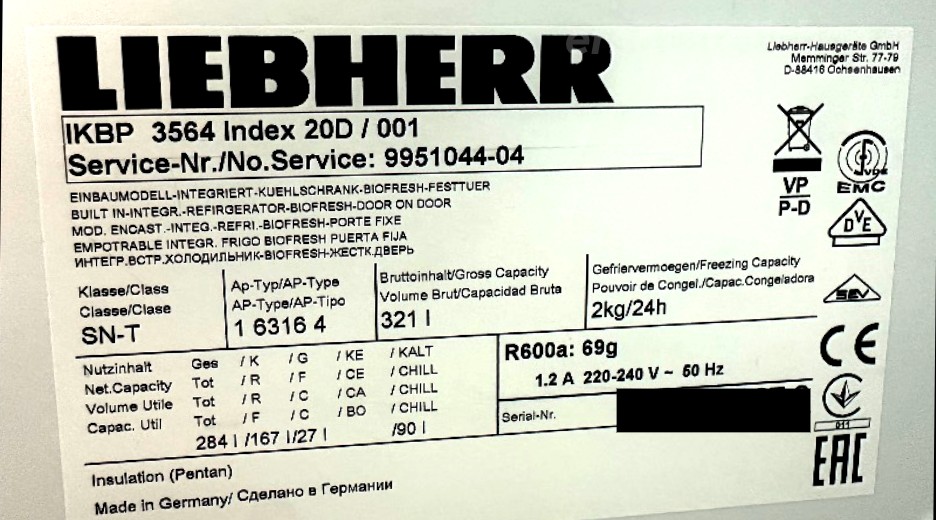 Typenschild Liebherr IKBP356420A IKBP 3564-20 A