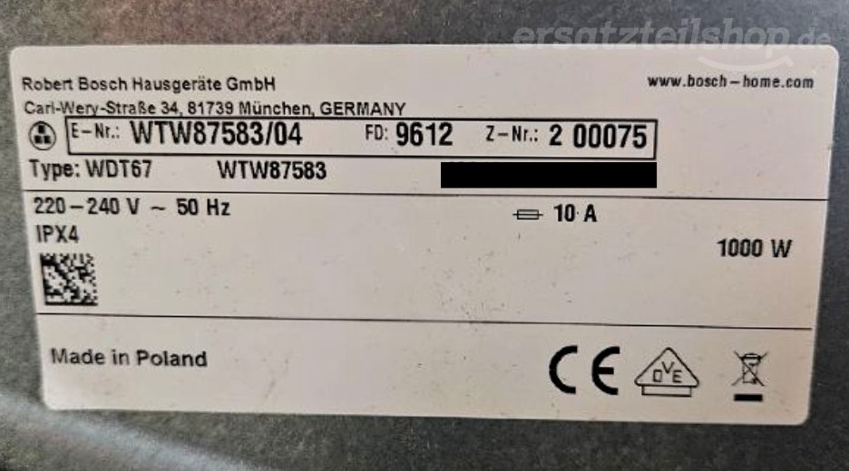 Typenschild Bosch WTW87583/04