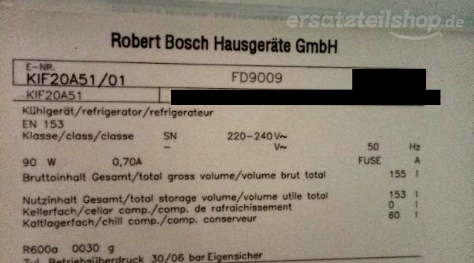 Typenschild Bosch KIF20A51/01
