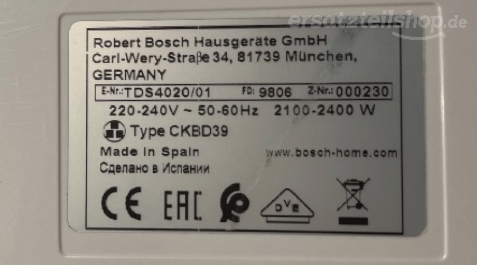 Typenschild Bosch TDS4020/01