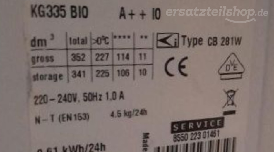 Typenschild Bauknecht KG 335 BIO A++ 855022301461