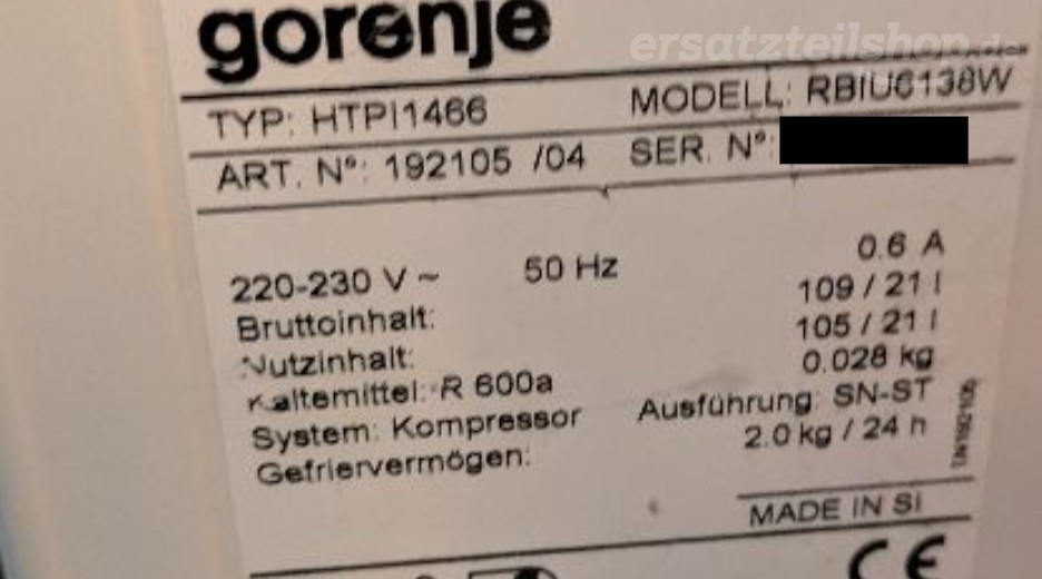 Typenschild Gorenje RBIU6138W 192105