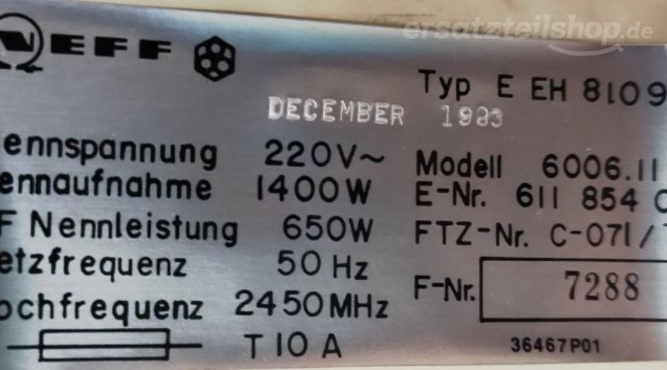 Typenschild Neff 611854003(00)