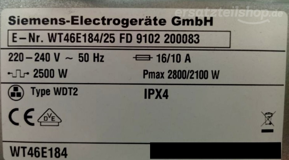 Typenschild Siemens WT46E184/25