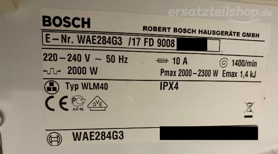 Typenschild Bosch WAE284G3/17
