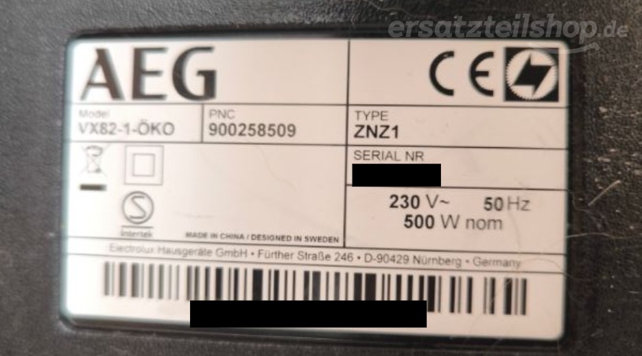 Typenschild AEG VX82-1-OKO 90025850900