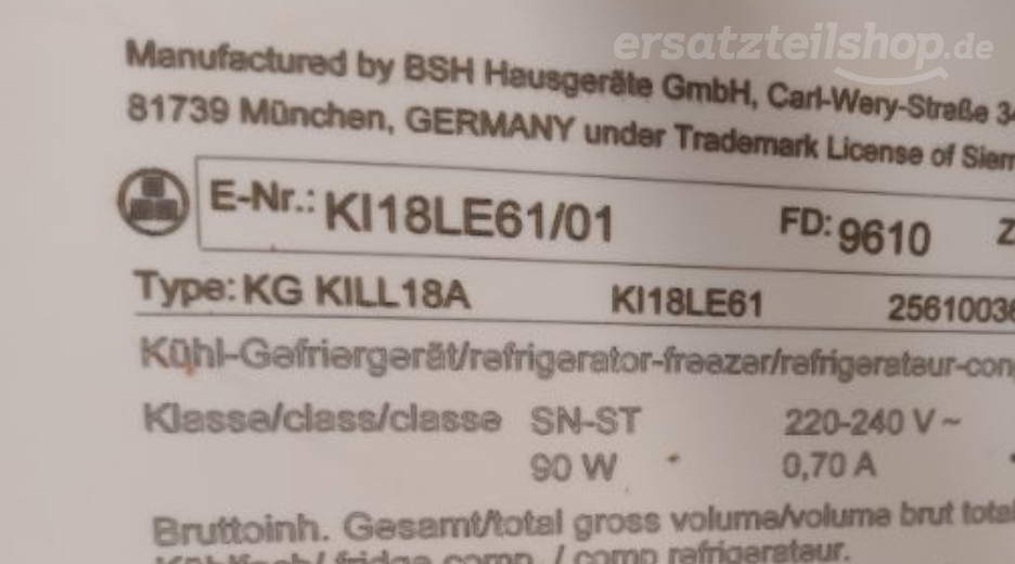 Typenschild Siemens KI18LE61/01