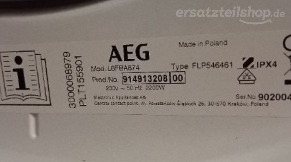 Typenschild AEG L6FBA674 91491320800