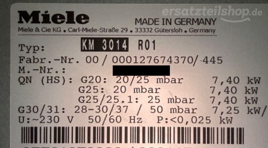 Typenschild Miele KM 3014 KM3014