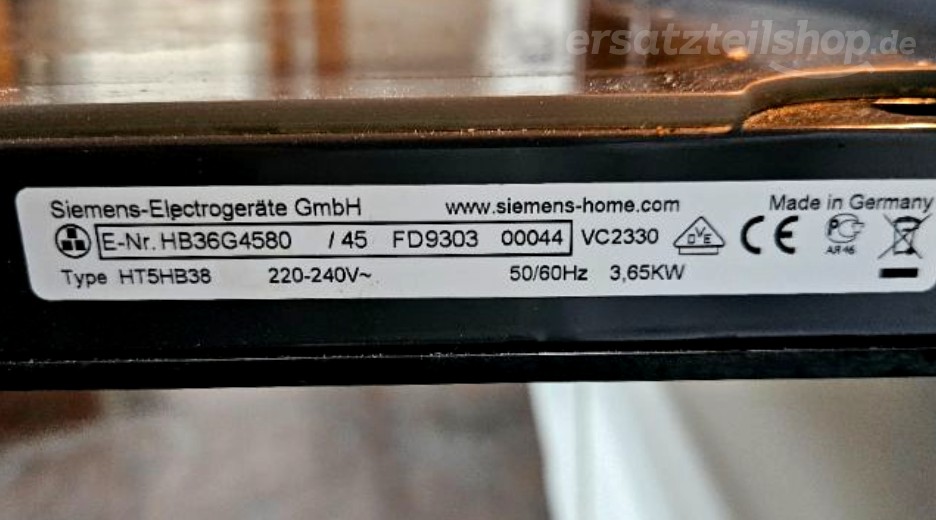 Typenschild Siemens HB36G4580/45
