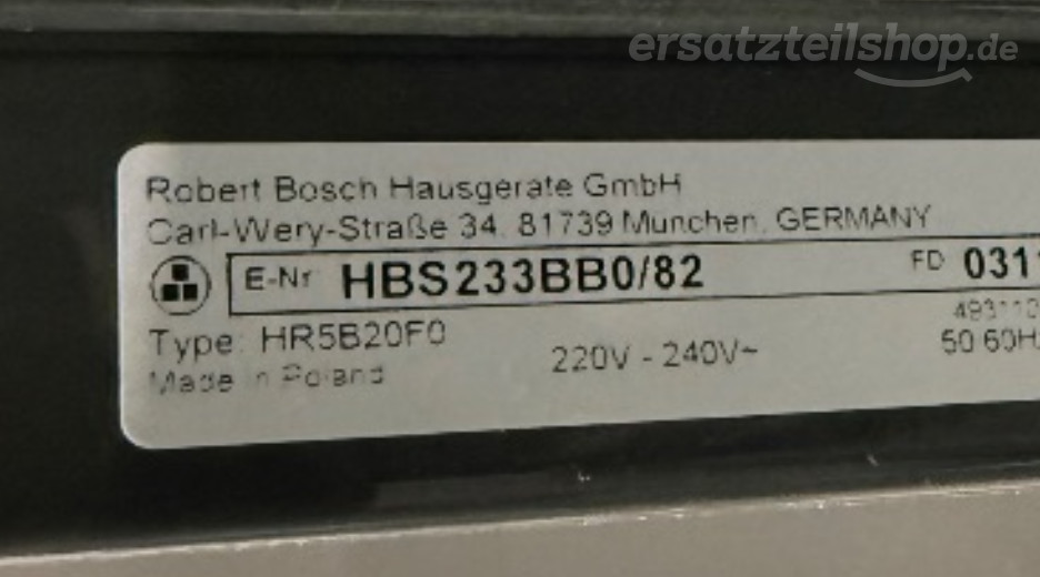 Typenschild Bosch HBS233BB0/82