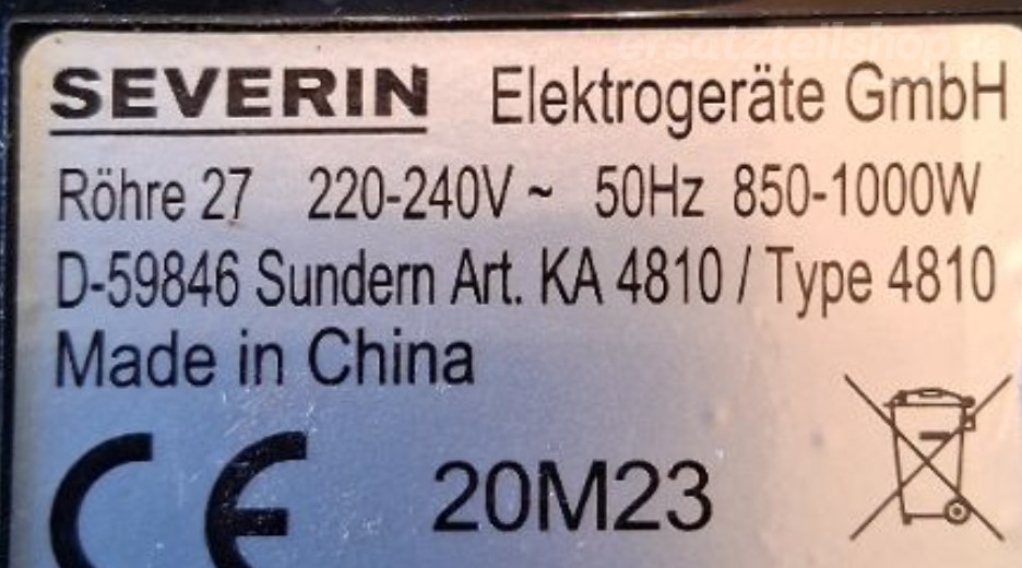 Typenschild Severin KA4810 4810000