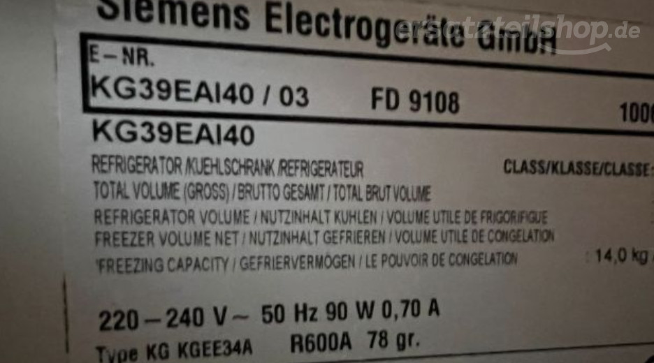 Typenschild Siemens KG39EAI40/03