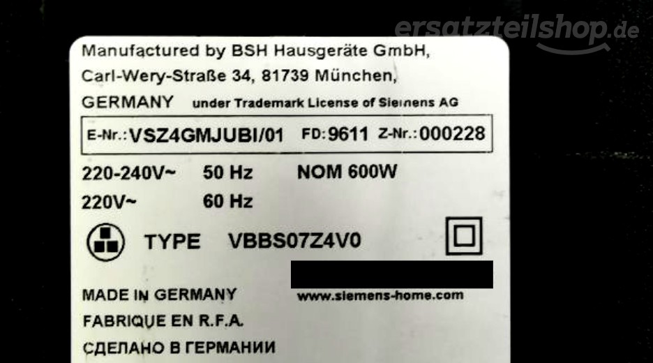 Typenschild Siemens VSZ4GMJUBI/01