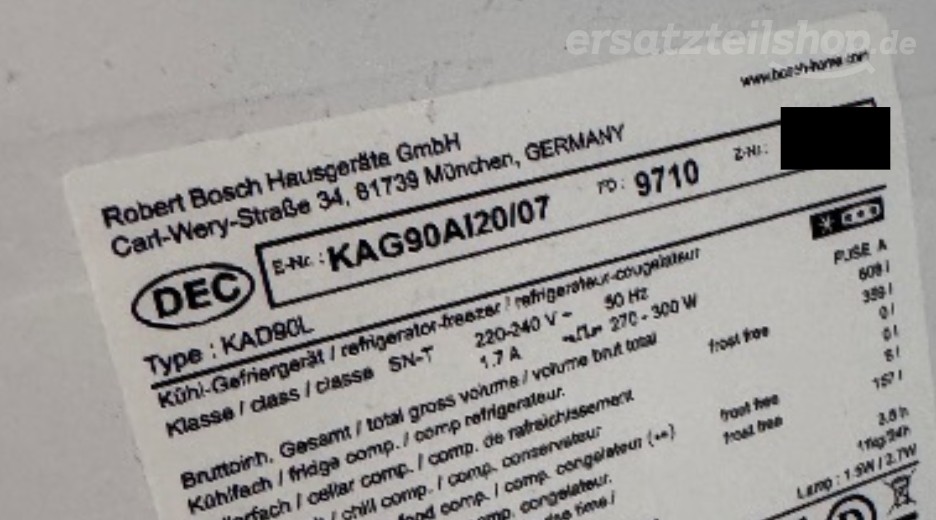 Typenschild Bosch KAG90AI20/07