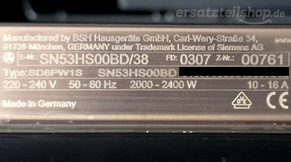 Typenschild Siemens SN53HS00BD/38