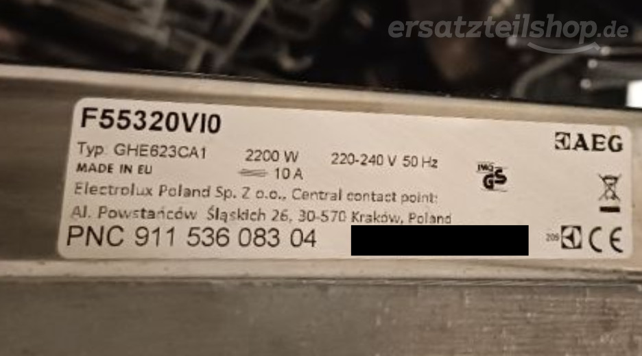 Typenschild AEG F55320VI0 91153608304