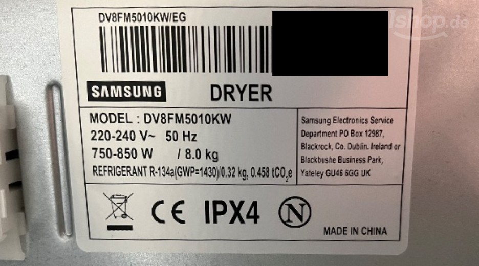 Typenschild Samsung DV8FM5010KW/EG