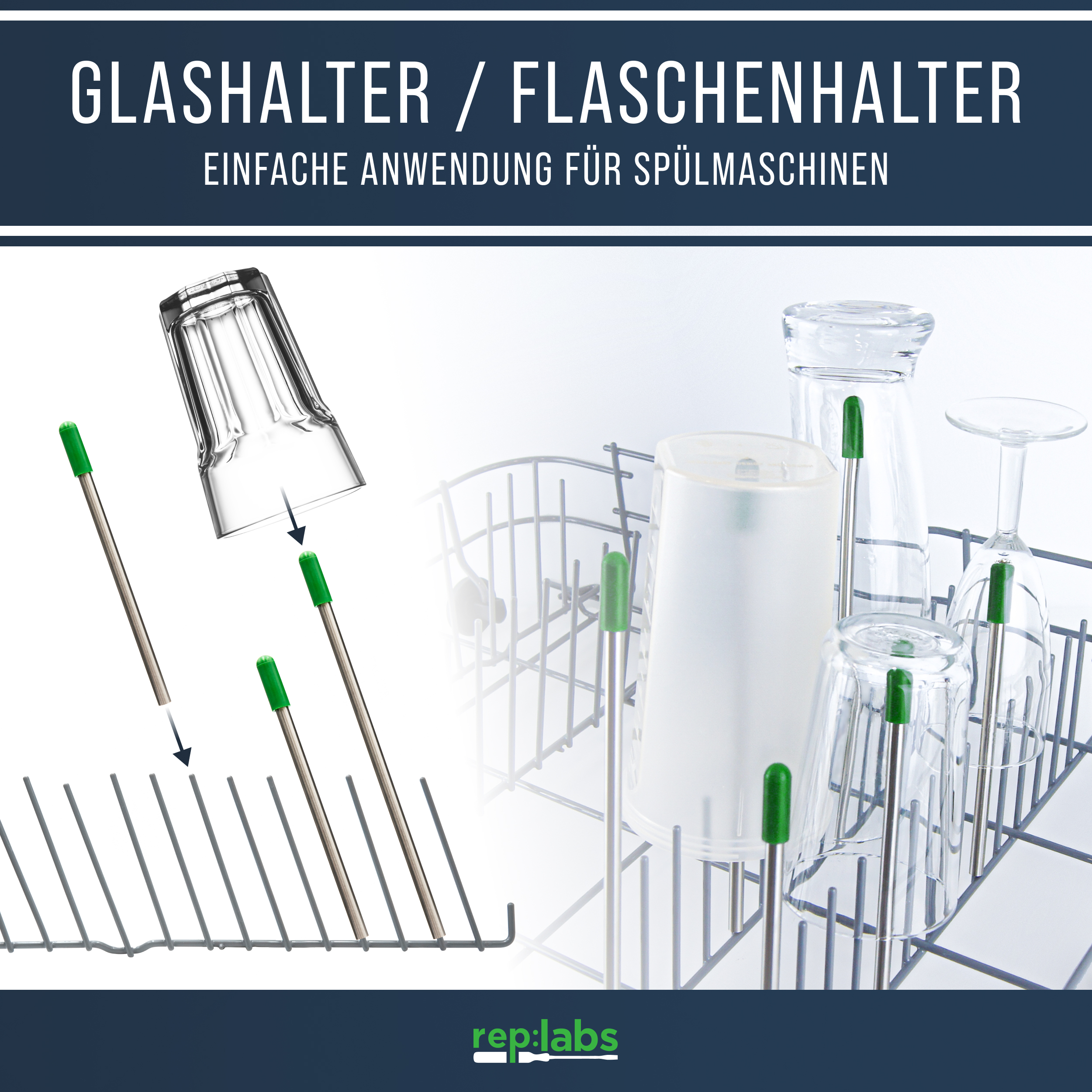 Edelstahl Glashalter für Geschirrspüler mit grünen Kappen - Set Allrounder