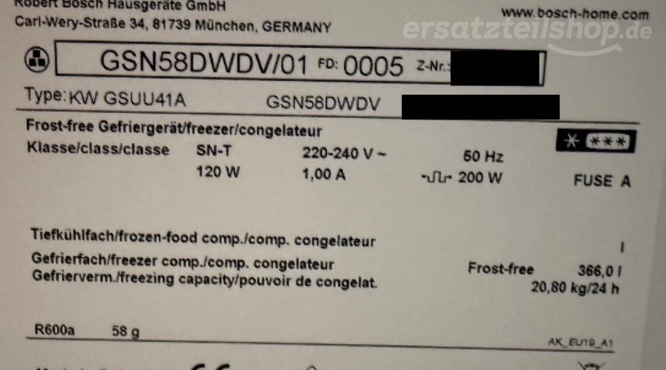 Typenschild Bosch GSN58DWDV/01