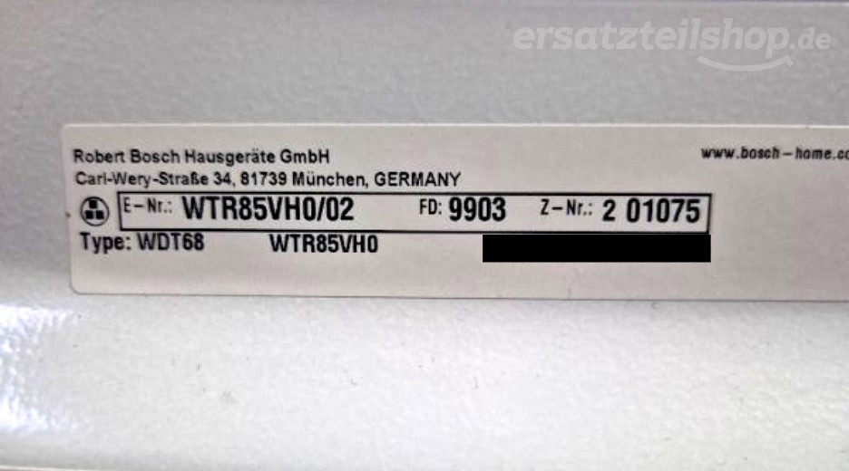 Typenschild Bosch WTR85VH0/02
