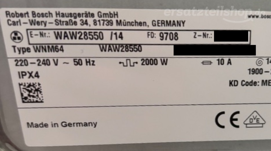 Typenschild Bosch WAW28550/14