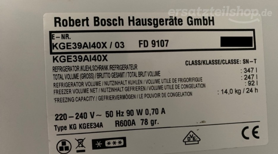 Typenschild Bosch KGE39AI40X/03