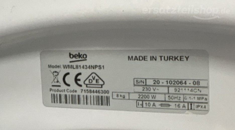 Typenschild Beko WML81434NPS1 BEKO 7158446300