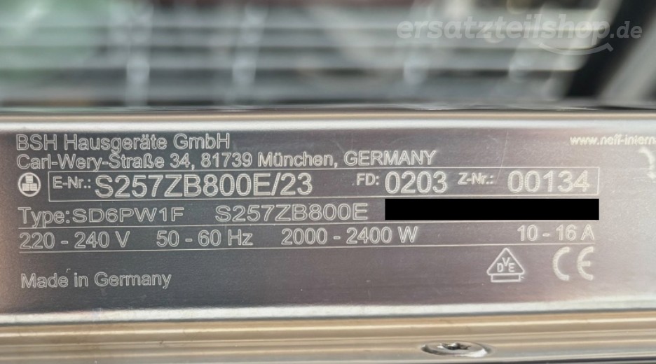 Typenschild Neff S257ZB800E/23