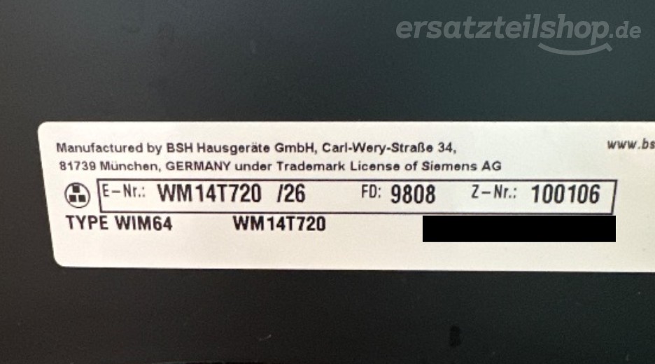 Typenschild Siemens WM14T720/26