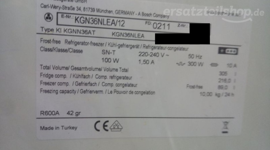 Typenschild Bosch KGN36NLEA/12