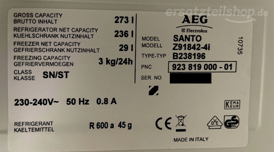 Typenschild AEG SZ91842-4I 92381900001