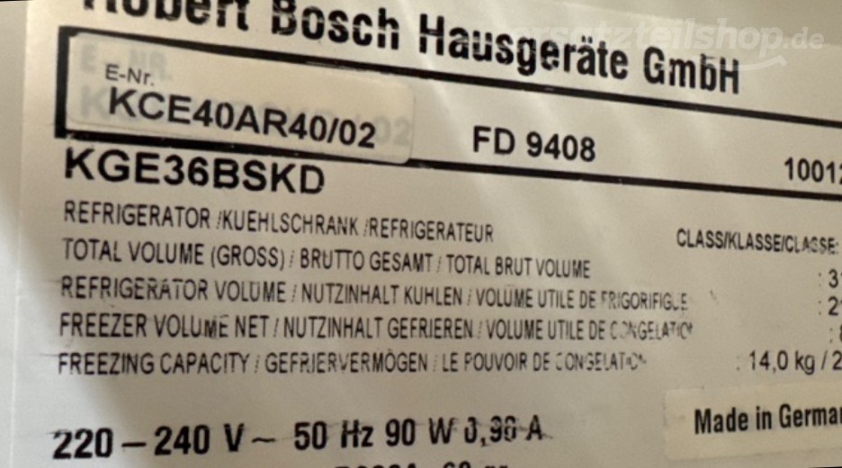 Typenschild Bosch  KCE40AR40/02