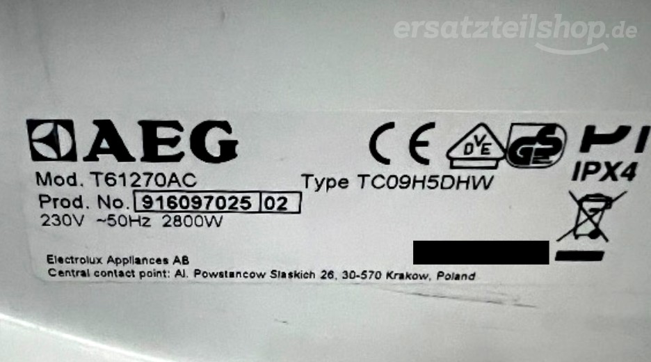 Typenschild AEG T61270AC 91609702502