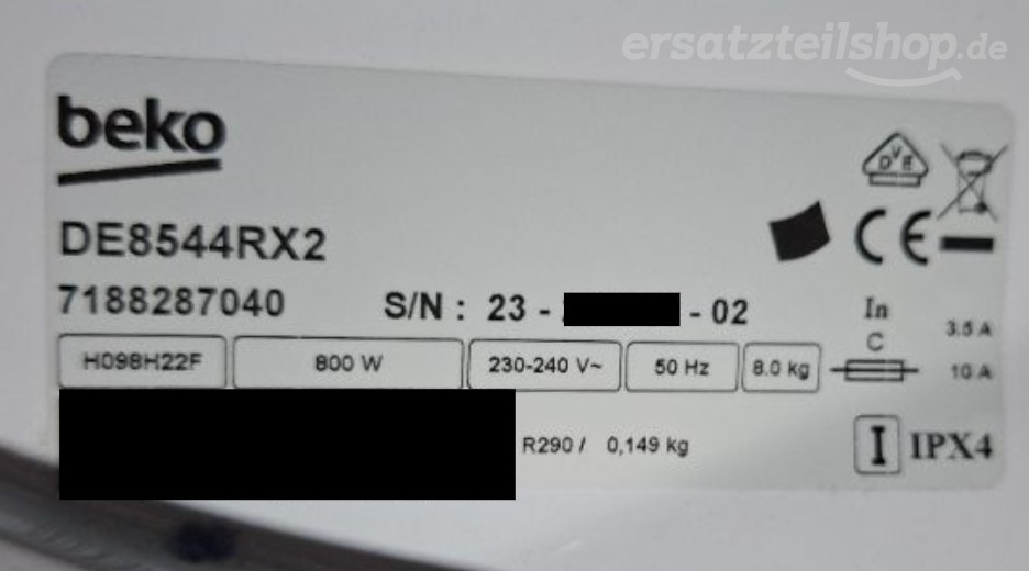 Typenschild Beko DE8544RX2 BEKO 7188287040