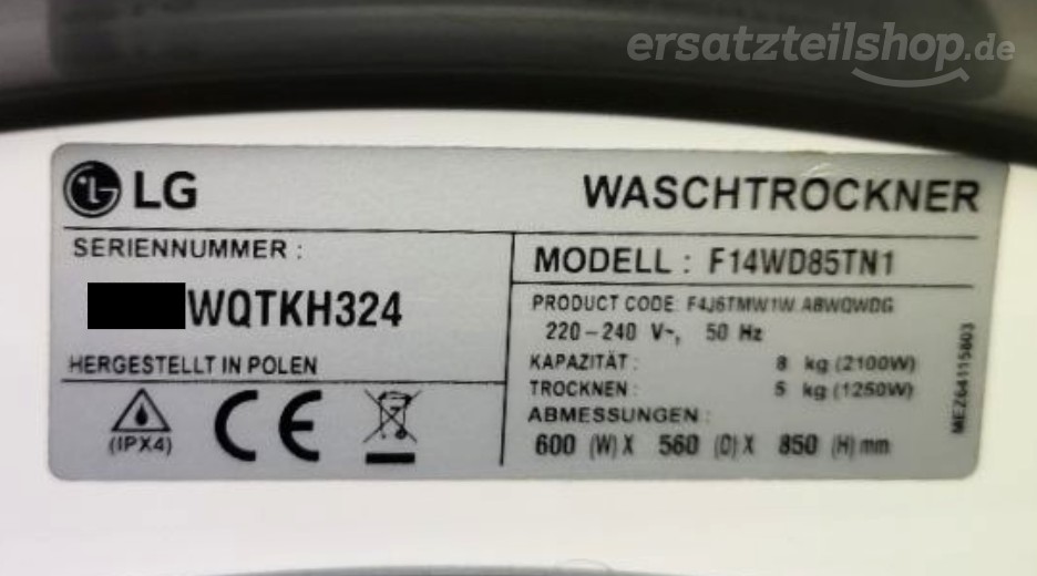 Typenschild LG F14WD85TN1.ABWQWDG F14WD85TN1.ABWQWDG