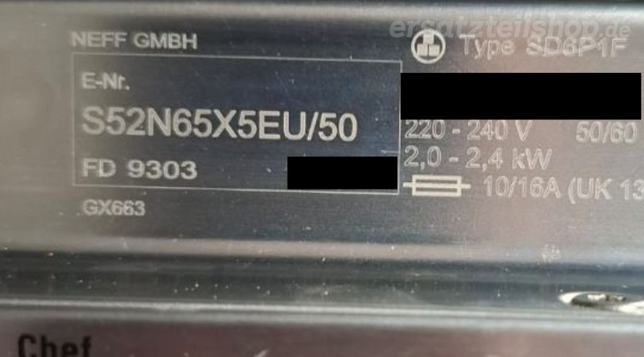 Typenschild Neff S52N65X5EU/50