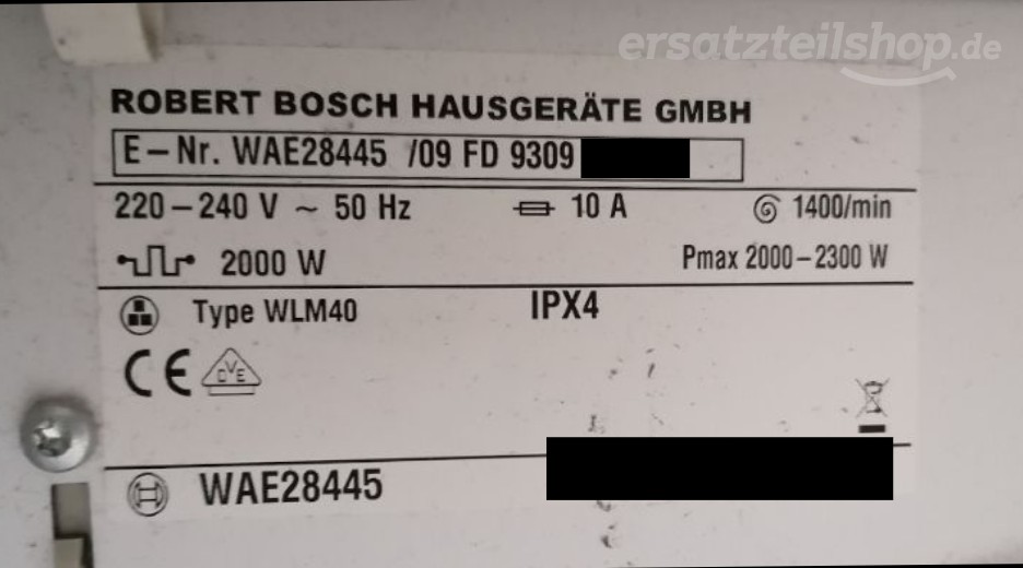Typenschild Bosch WAE28445/09