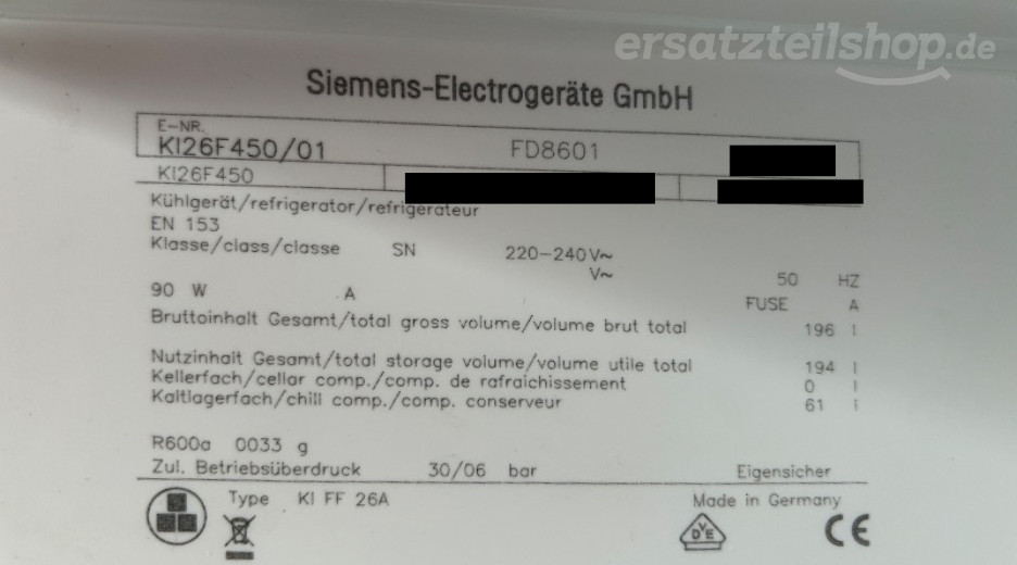 Typenschild Siemens KI26F450/01