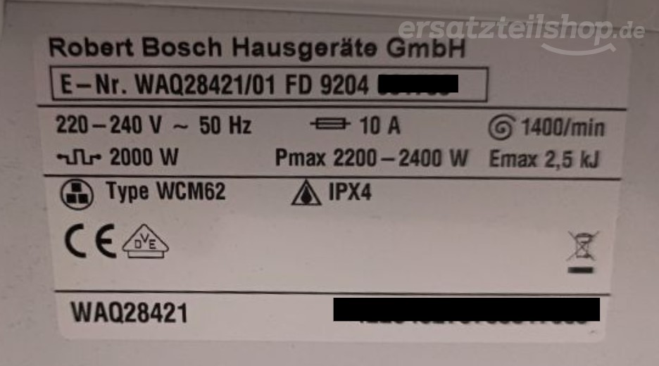 Typenschild Bosch WAQ28421/01