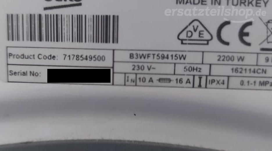 Typenschild Beko B3WFT59415W BEKO 7178549500