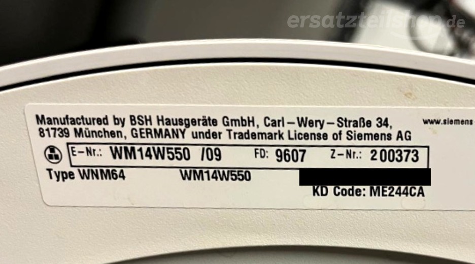 Typenschild Siemens WM14W550/09