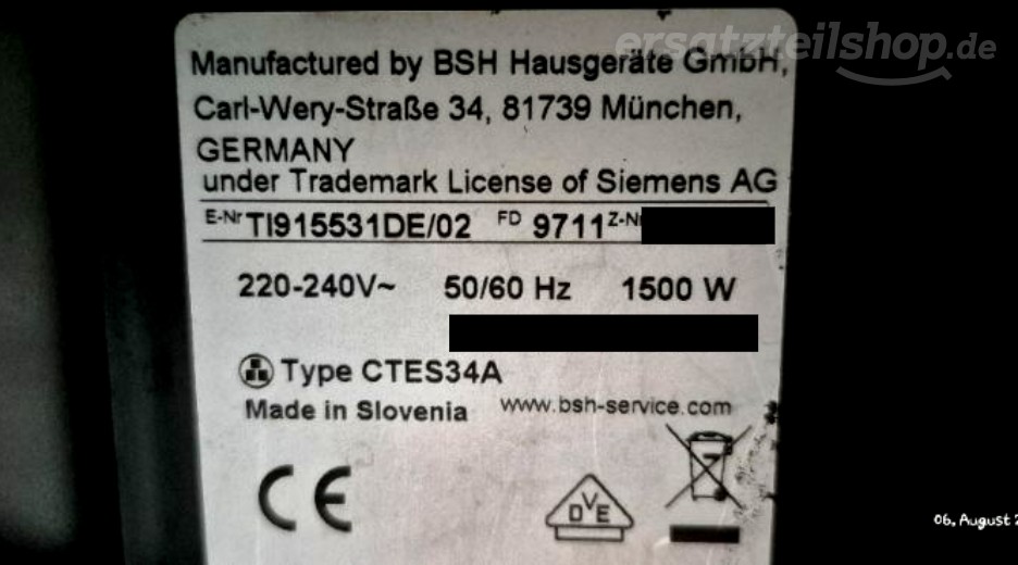 Typenschild Siemens TI915531DE/02