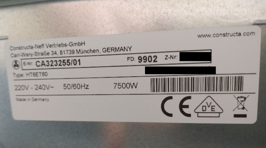 Typenschild Constructa CA323255/01