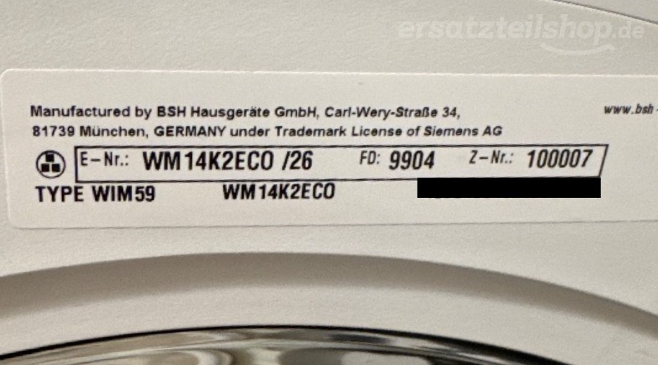 Typenschild Siemens WM14K2ECO/26